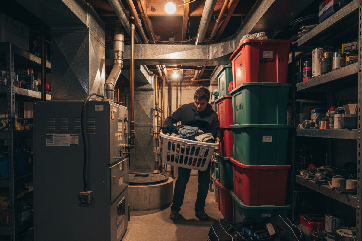 Um homem carrega uma cesta de roupa branca por um corredor estreito no porão, ladeado por caixas plásticas empilhadas e prateleiras de metal. Uma grande fornalha e canos suspensos ocupam o espaço, enquanto uma bolsa preta está no chão em primeiro plano.