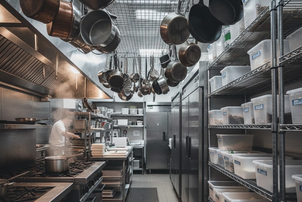 Uma vista através de uma cozinha comercial lotada mostrando prateleiras de arame, suportes para panelas suspensos e equipamentos empilhados bloqueando linhas de visão claras.