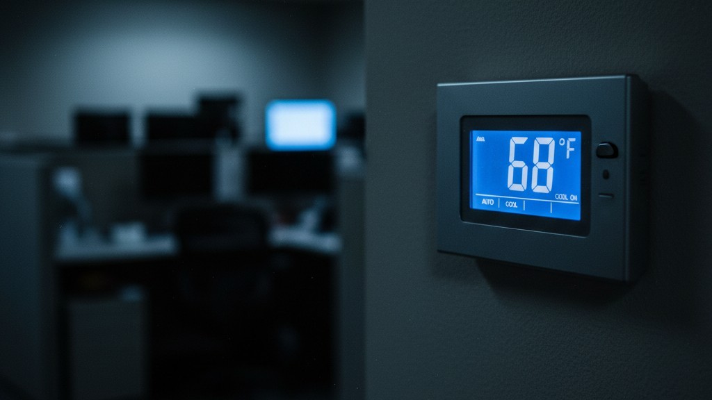 Um termostato comercial digital em uma parede exibindo 68 graus Fahrenheit em um ambiente de escritório com iluminação fraca.