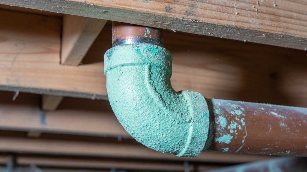 Um close-up de uma junta de tubo de encanamento de cobre em um teto inacabado mostrando oxidação verde, claramente visível sob luz branca fria brilhante.