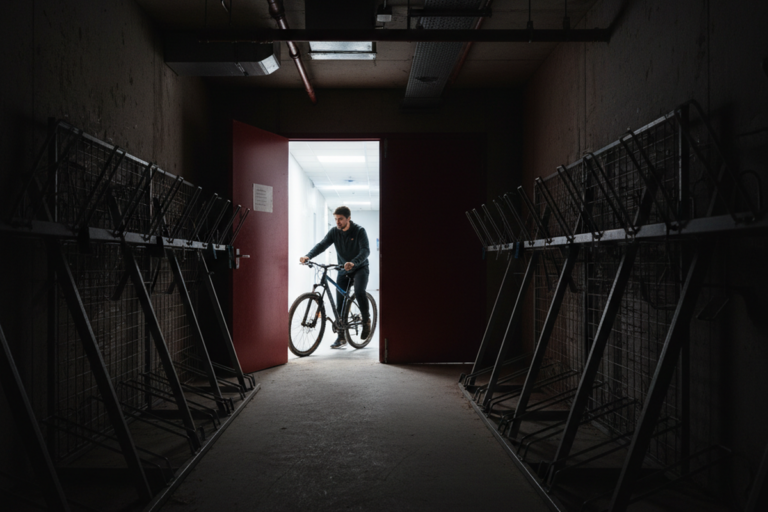 Um ciclista empurra uma bicicleta por portas vermelhas abertas para uma sala de concreto completamente escura, forrada com prateleiras metálicas para armazenamento. A luz forte do corredor cria uma silhueta contra o interior não iluminado.