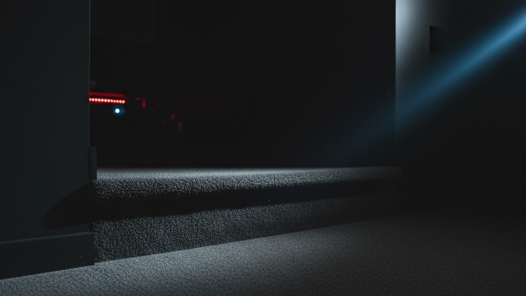Uma vista em ângulo baixo de um degrau com carpete do elevador de home theater que é difícil de ver na escuridão ao redor.