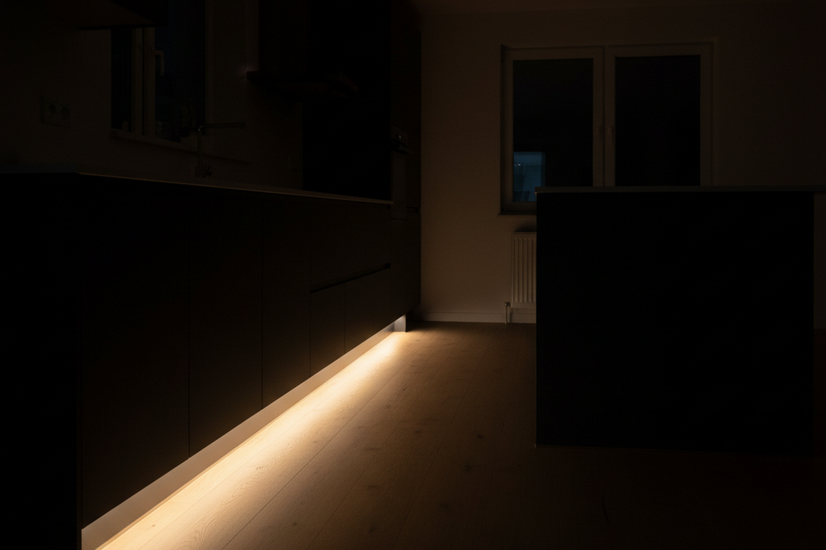 Uma faixa contínua de luz LED quente corre ao longo da base dos armários escuros da cozinha, lançando um brilho suave sobre o piso de madeira. O volume superior da sala, incluindo a ilha e as janelas, permanece em sombra profunda.