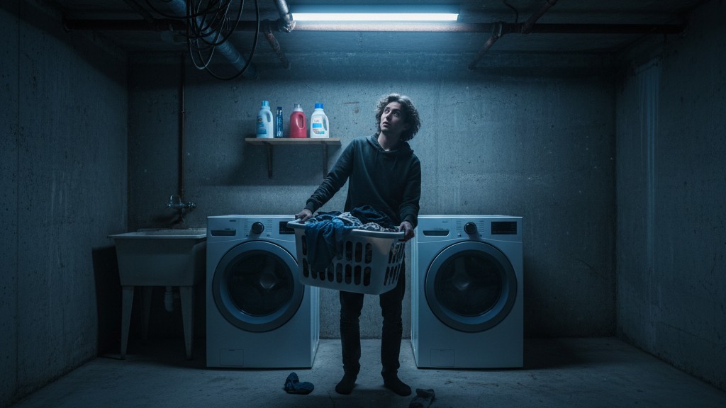 Um morador segurando uma cesta de roupa está em uma lavanderia escura, iluminada apenas pelo leve brilho azul dos displays digitais das máquinas de lavar.