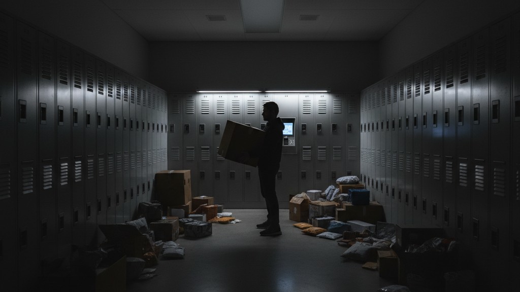 Perigo de segurança devido à escuridão na sala de pacotes Um residente parado em um corredor pouco iluminado da sala de pacotes entre armários altos de metal, segurando uma caixa grande, cercado por sombras.