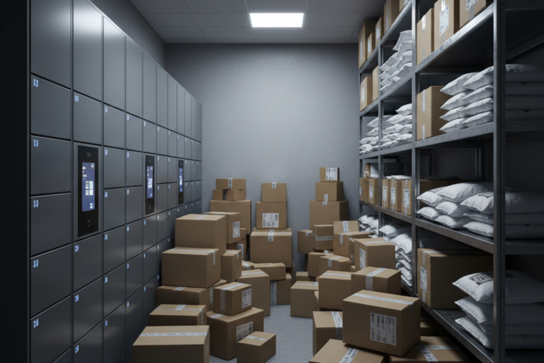 Uma sala estreita apresenta uma parede de armários digitais cinza à esquerda e unidades de prateleiras metálicas cheias de pacotes à direita. Caixas de papelão estão empilhadas desordenadamente no corredor central sob luzes de teto frias e tênues.