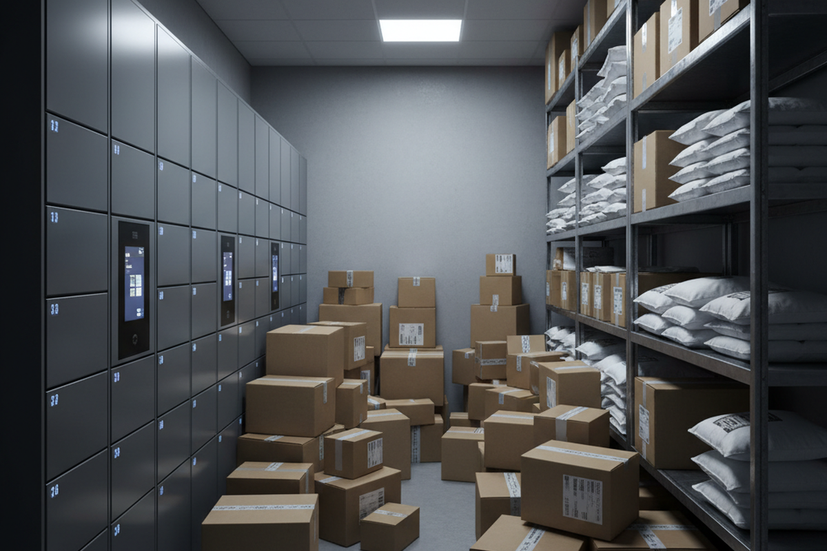 Uma sala estreita apresenta uma parede de armários digitais cinza à esquerda e unidades de prateleiras metálicas cheias de pacotes à direita. Caixas de papelão estão empilhadas desordenadamente no corredor central sob luzes de teto frias e tênues.
