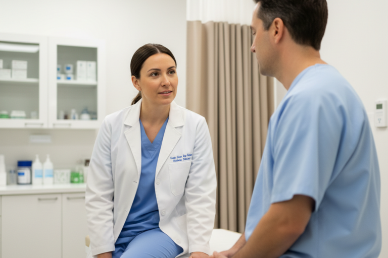 Uma médica de jaleco branco conversa com um paciente masculino sentado em uma mesa de exame em uma sala médica bem iluminada. Uma cortina de privacidade bege e armários médicos brancos são visíveis ao fundo.