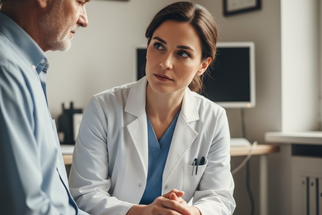 Um médico falando com compaixão com um paciente em uma sala de consulta, capturando um momento de foco e confiança.