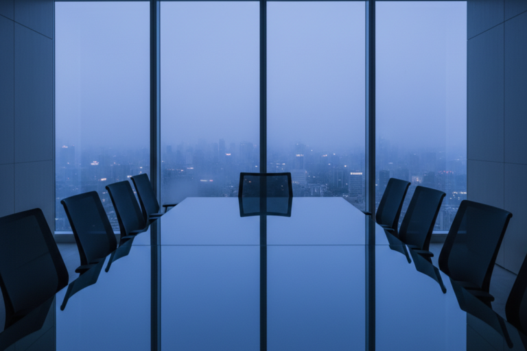 Uma mesa longa e reflexiva está cercada por cadeiras vazias em uma sala de conferências escurecida. Janelas do chão ao teto revelam um horizonte urbano azul e enevoado ao anoitecer.