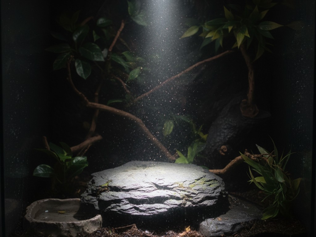 Um feixe brilhante de lanterna corta um recinto escurecido de répteis, iluminando uma pedra específica para aquecimento enquanto a área ao redor permanece na sombra.