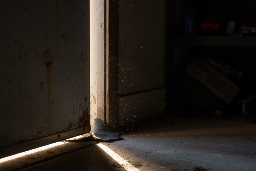 Uma vista aproximada, ao nível do chão, de uma porta lateral da garagem mostrando uma fenda na vedação com a luz do dia passando através dela.