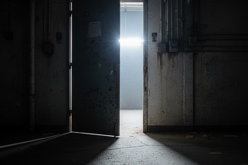 Luz vazando de uma sala de armazenamento esquecida Uma porta comercial pesada está entreaberta em um corredor escuro do porão, revelando uma intensa luz fluorescente derramando-se no chão de concreto.