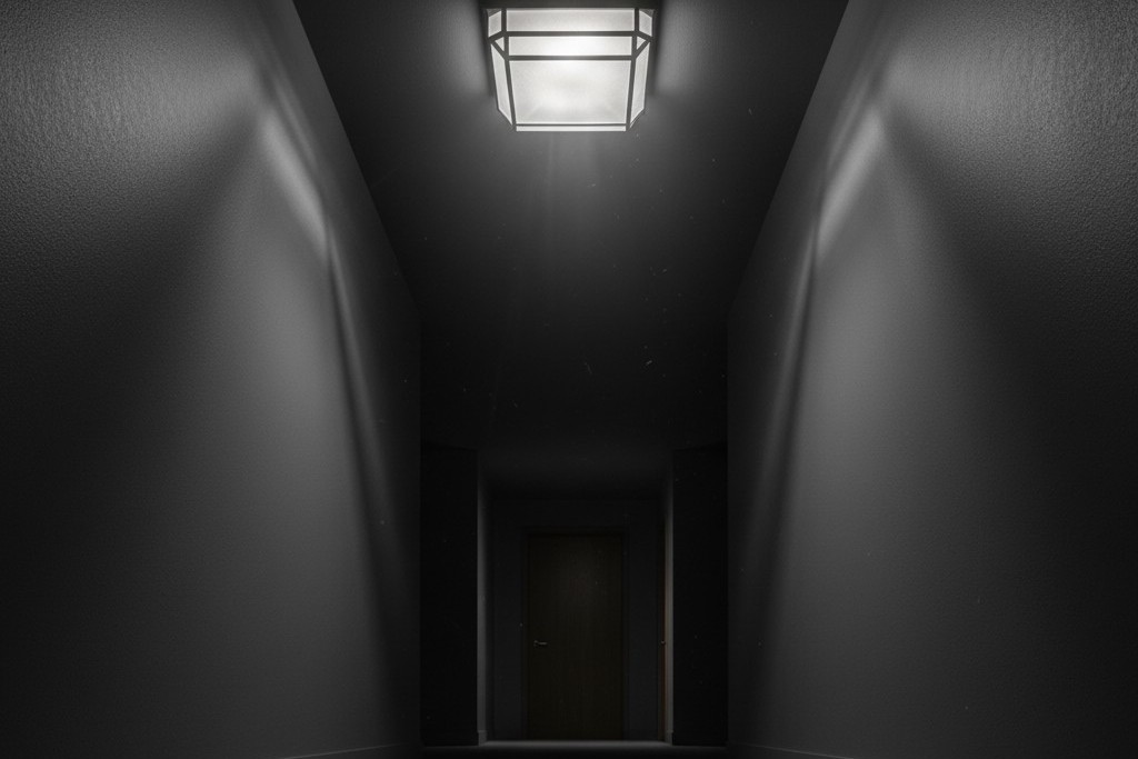 Uma luminária de teto em um corredor escuro emitindo um brilho fraco e não intencional em vez de estar completamente apagada.