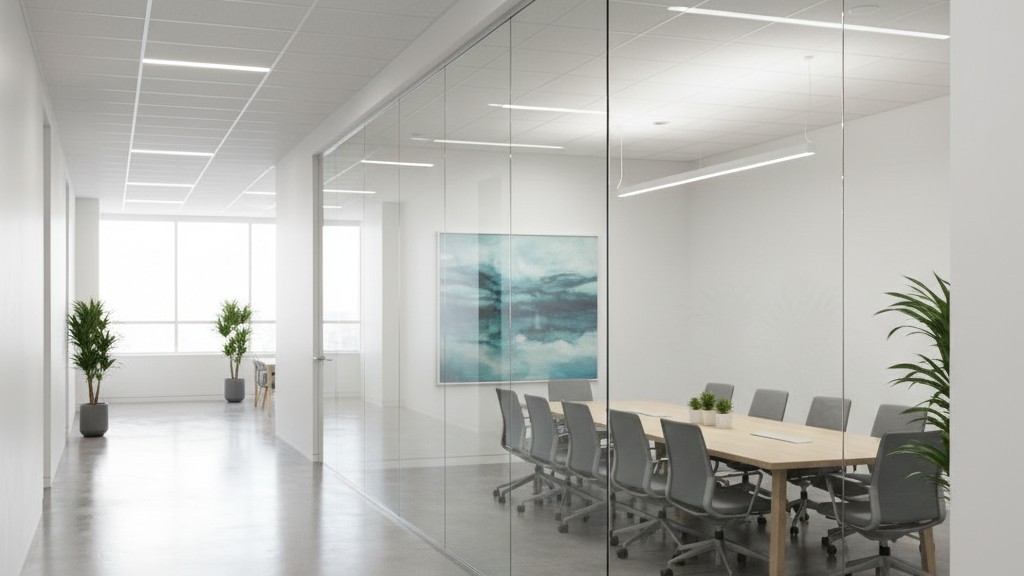 Sala de conferências com paredes de vidro Uma vista de uma sala de conferências moderna com paredes de vidro, visível a partir de um corredor movimentado adjacente.