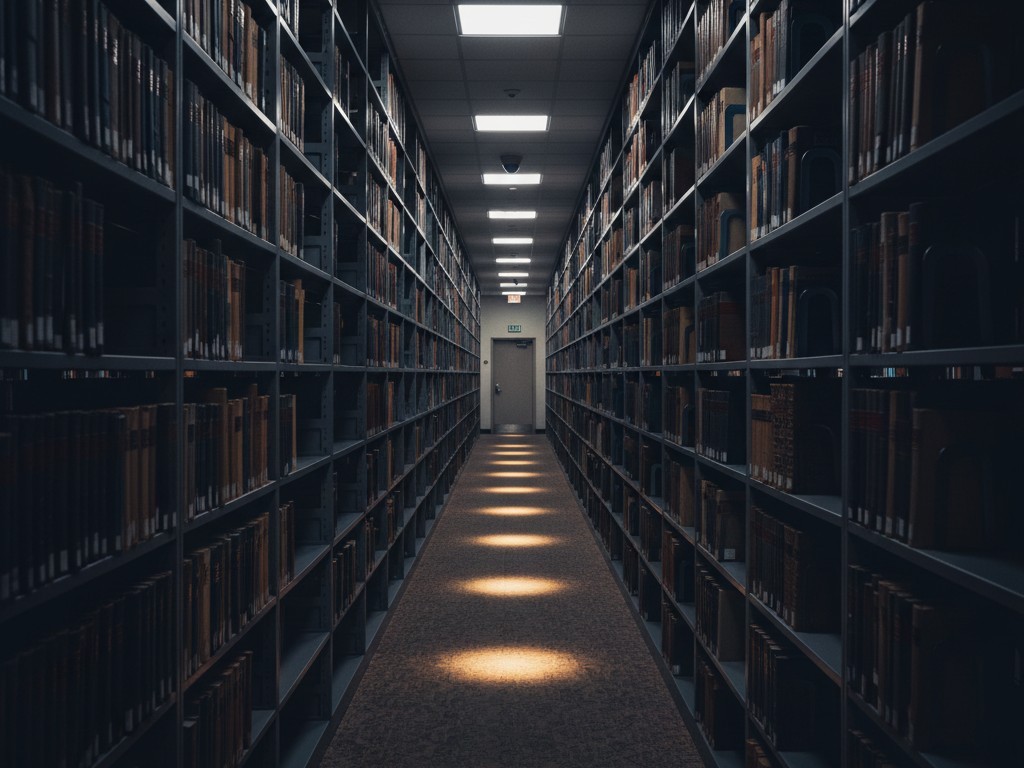 Um corredor longo e pouco iluminado da biblioteca com prateleiras metálicas altas, mostrando poças de luz no chão enquanto as prateleiras superiores desaparecem na sombra.