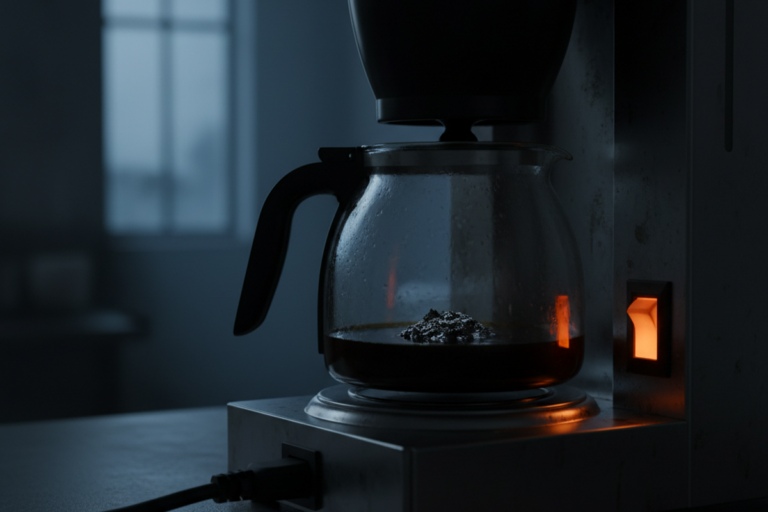 Uma jarra de café de vidro repousa sobre um aquecedor em uma sala escura, destacada por um interruptor liga-desliga laranja brilhante. A pequena quantidade de líquido dentro escureceu e reduziu a um resíduo queimado no fundo da jarra.