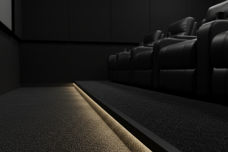 Uma faixa de luz LED quente corre ao longo da base de um elevador com carpete em uma sala de home theater escurecida. Uma fileira de poltronas reclináveis de couro preto está sobre a plataforma elevada, iluminada por baixo pela iluminação de segurança ao nível do chão.