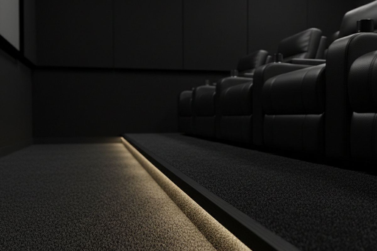Uma faixa de luz LED quente corre ao longo da base de um elevador com carpete em uma sala de home theater escurecida. Uma fileira de poltronas reclináveis de couro preto está sobre a plataforma elevada, iluminada por baixo pela iluminação de segurança ao nível do chão.