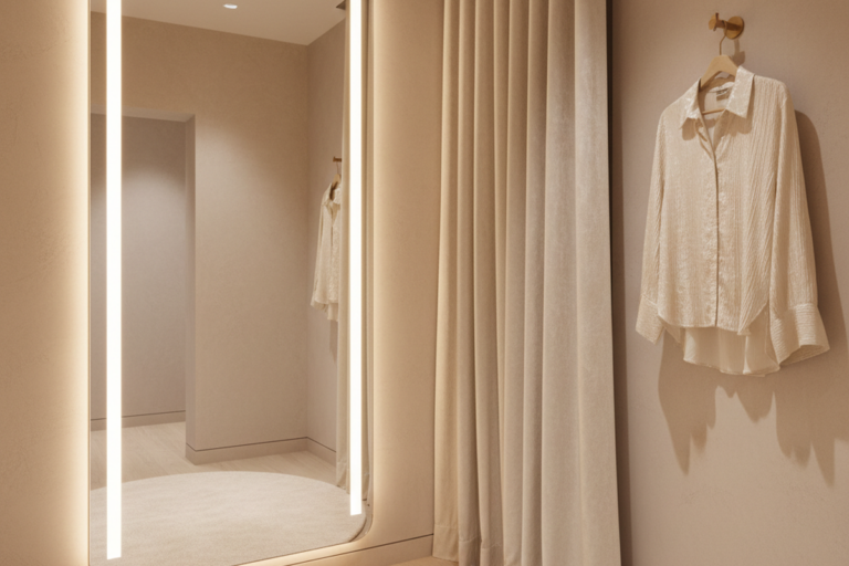 Um espelho retangular alto apresenta tiras de LED verticais brilhantes ao longo de seus lados, iluminando uma cabine de roupas minimalista bege. Uma camisa branca texturizada está pendurada em um gancho ao lado de uma cortina de comprimento total.