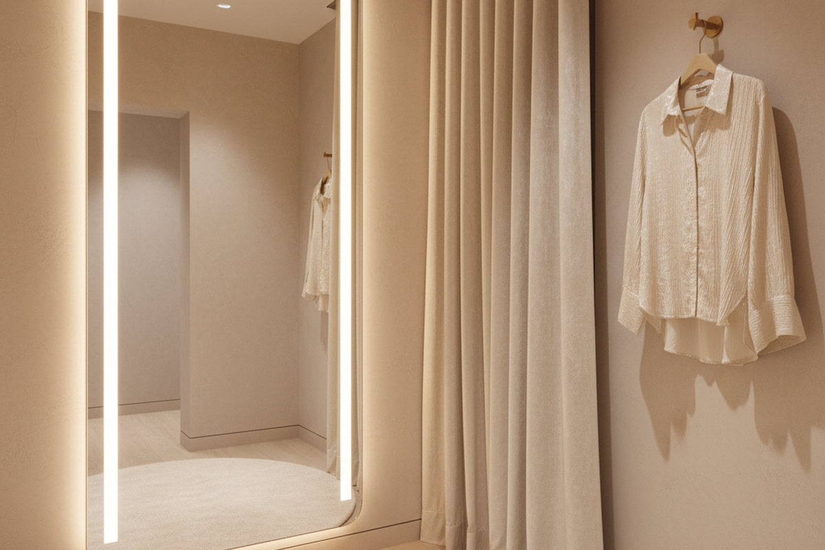 Um espelho retangular alto apresenta tiras de LED verticais brilhantes ao longo de seus lados, iluminando uma cabine de roupas minimalista bege. Uma camisa branca texturizada está pendurada em um gancho ao lado de uma cortina de comprimento total.
