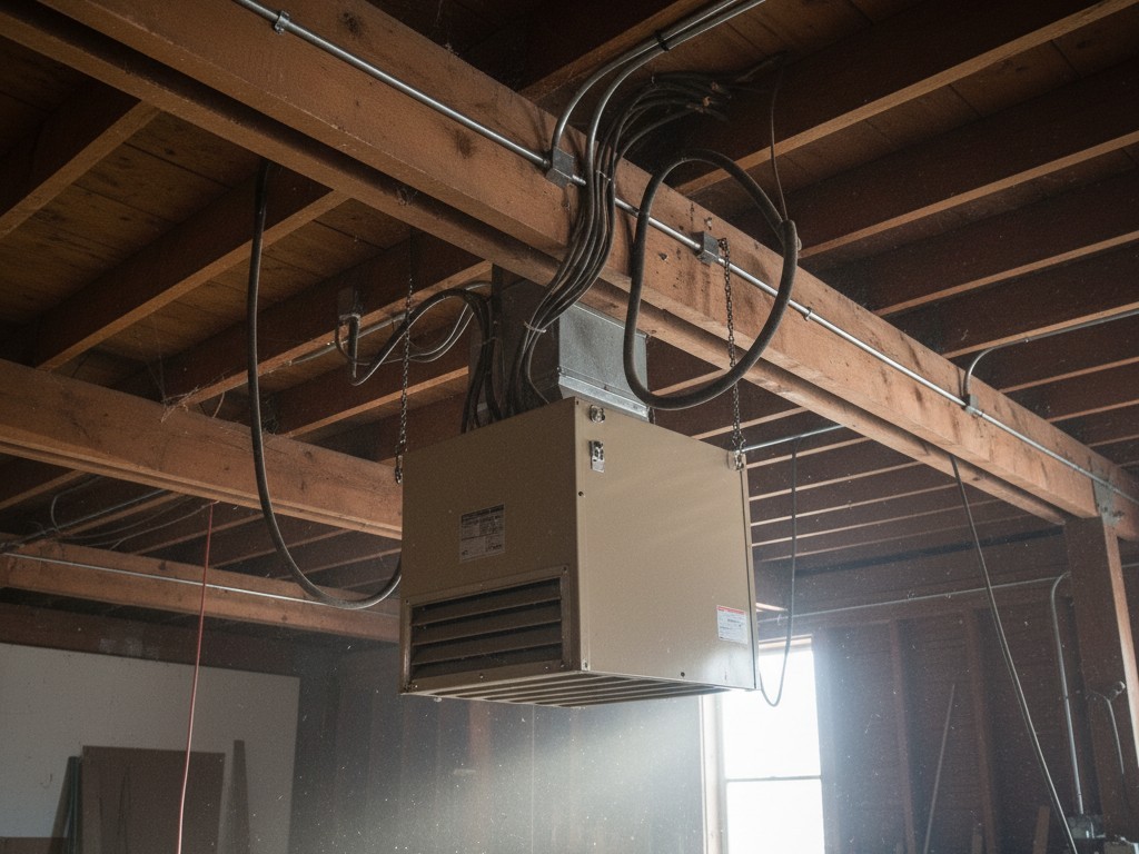 Industrielt loftmonteret varmeapparat En beige industriel gasenhedsvarmer ophængt fra et træloft i et værksted med metaljalousier vendt mod rummet.