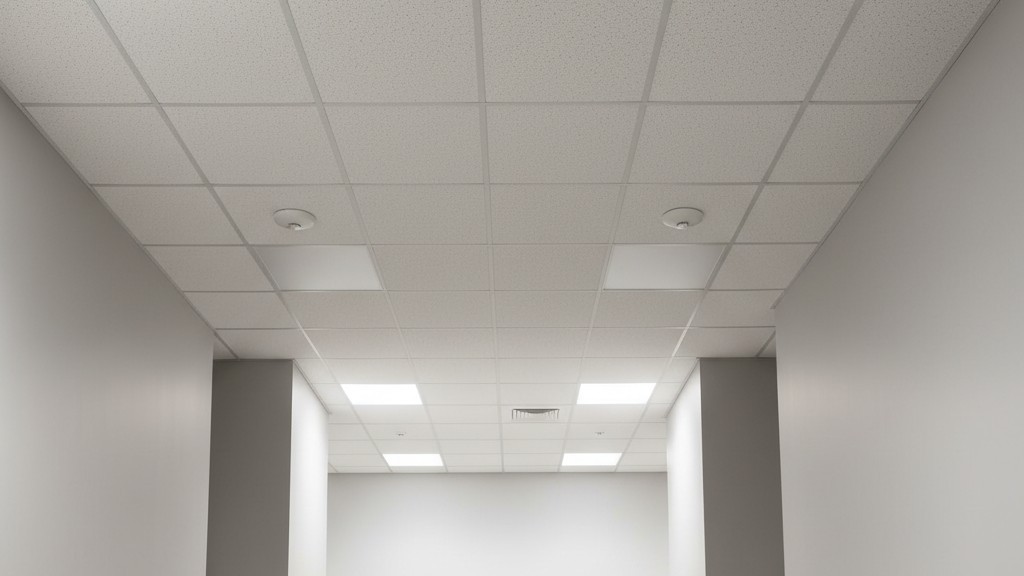 Uma vista em ângulo baixo do teto de um corredor de escritório em forma de L mostrando dois sensores de movimento redondos montados em pernas separadas do corredor, afastados do canto.
