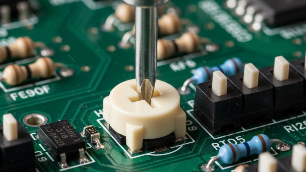 Uma visão macro de uma chave de fenda de joalheiro ajustando um pequeno botão potenciômetro em uma placa de circuito eletrônico.