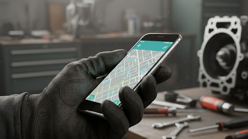 Smartphone-brug med arbejdshandsker Et nærbillede af en hånd iført en beskidt, fedtpletteret mekanikerhandske, der forsøger at bruge en smartphone touchskærm.