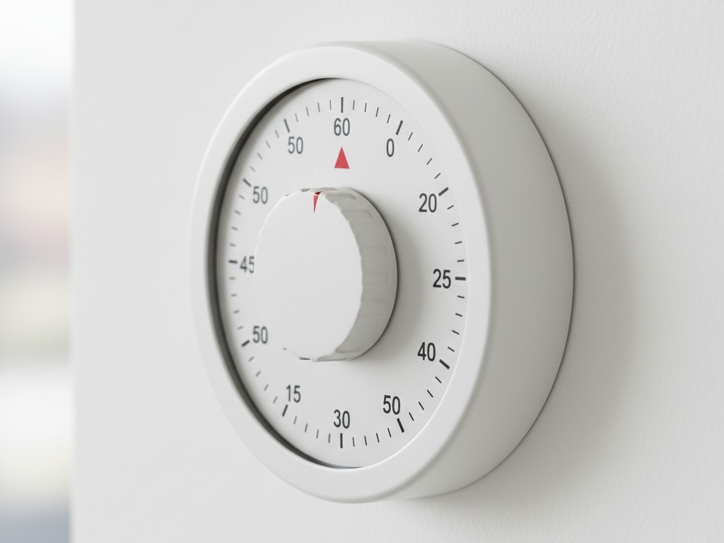 Temporizador de parede mecânico com mola enrolada Um interruptor de parede mecânico branco com um disco rotativo marcado com incrementos de tempo de até 60 minutos.