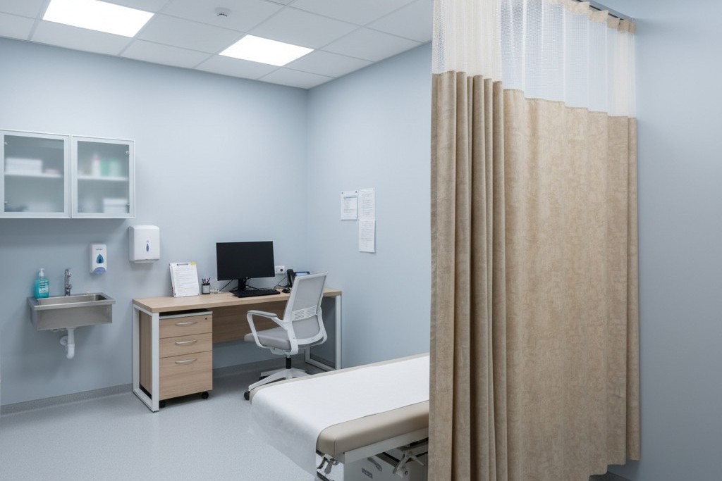 Uma sala de exame médico moderna com uma cortina de privacidade puxada ao redor da mesa do paciente, bloqueando visualmente a linha de visão da entrada.