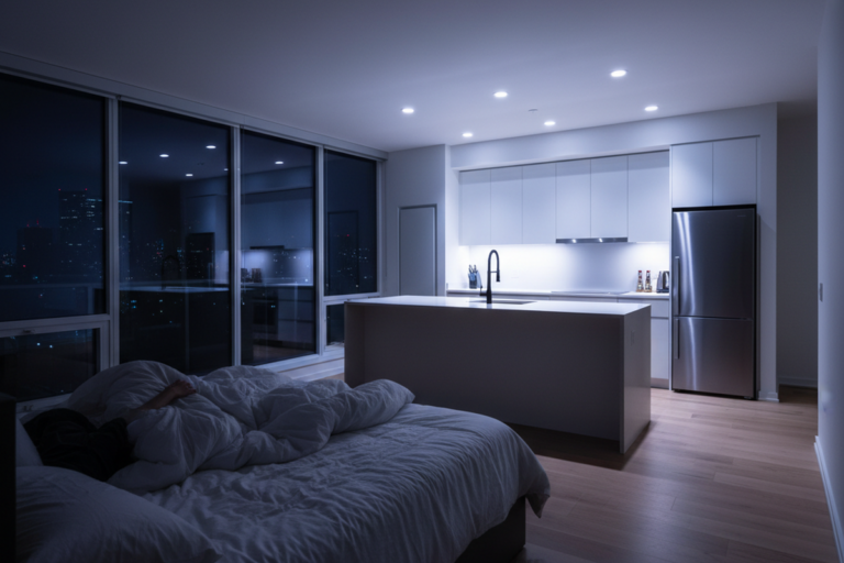 Uma pessoa dorme em uma cama sombreada em primeiro plano enquanto luzes brilhantes e branco-frio no teto iluminam a cozinha de planta aberta adjacente. O brilho do espaço culinário se espalha pelo piso de madeira e alcança a área de dormir, destacando a falta de divisórias físicas.