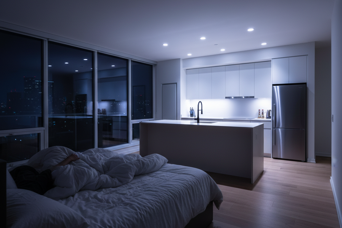 Uma pessoa dorme em uma cama sombreada em primeiro plano enquanto luzes brilhantes e branco-frio no teto iluminam a cozinha de planta aberta adjacente. O brilho do espaço culinário se espalha pelo piso de madeira e alcança a área de dormir, destacando a falta de divisórias físicas.