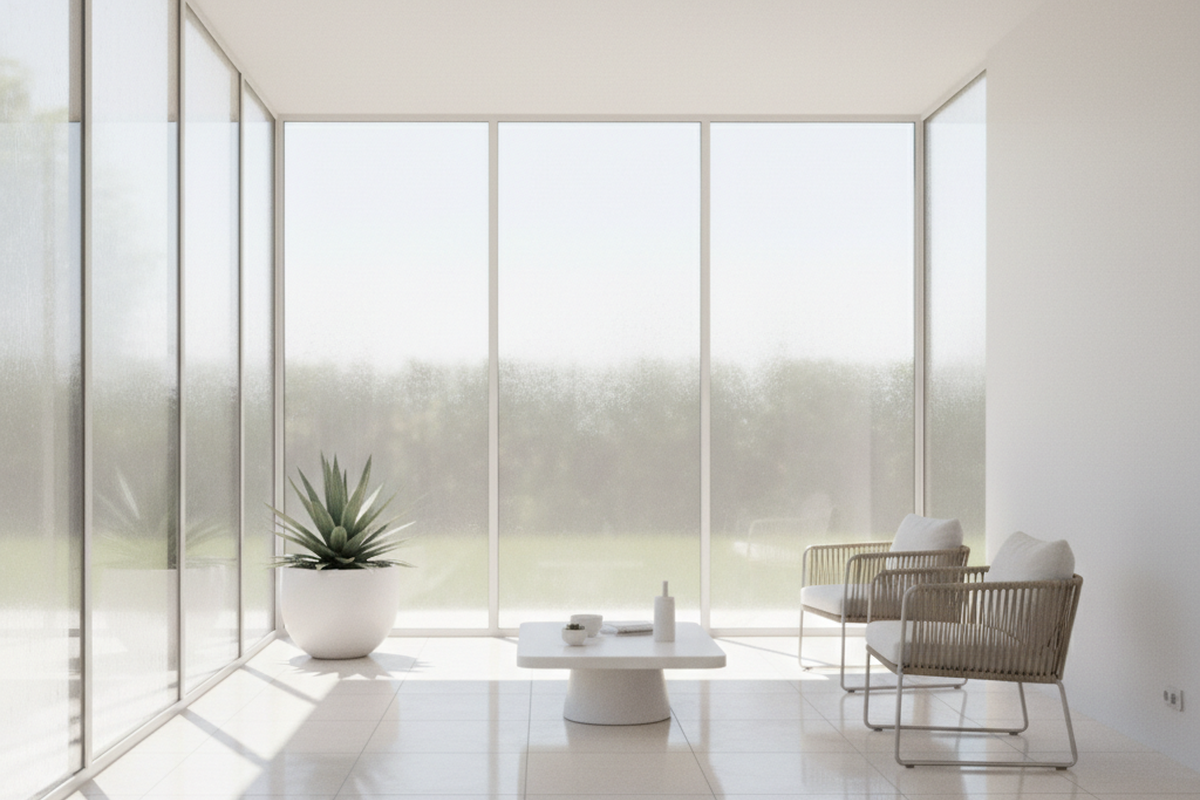 Uma luminosa e minimalista sala de sol apresenta grandes janelas de vidro, uma mesa de centro branca e cadeiras de vime sobre um piso de azulejos brilhantes.
