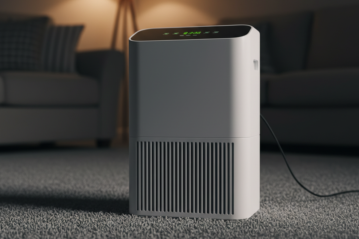 En moderne hvid affugter står på et gråt tæppe i et rum med svagt lys, med et sort kontrolpanel med grønne digitale aflæsninger. En gulvlampe gløder varmt i den slørede baggrund bag apparatet.