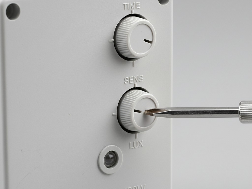Botões de ajuste manual no sensor Close-up de três pequenos botões rotativos na parte traseira de um sensor de movimento branco, rotulados como Time, Sens e Lux.