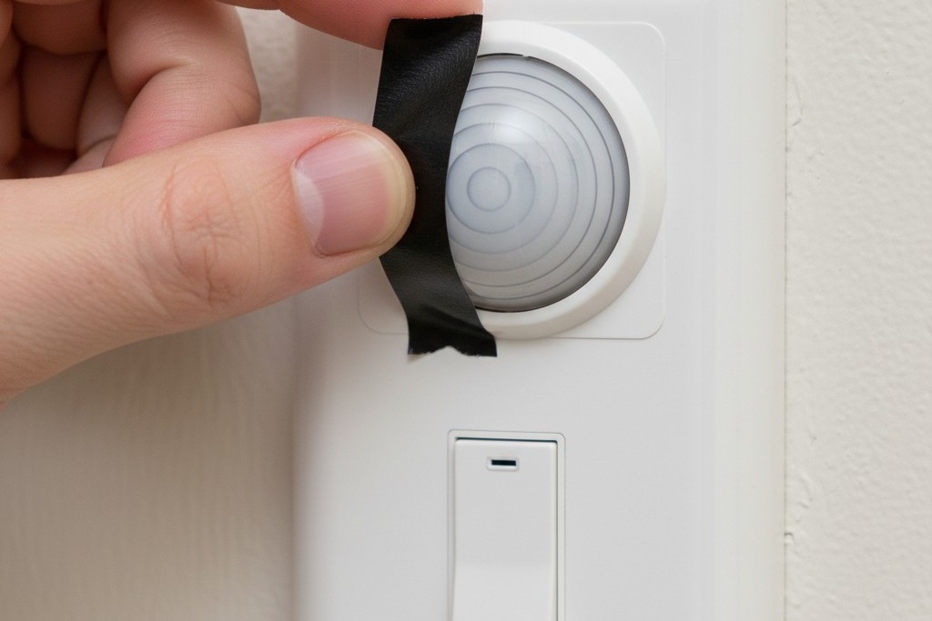 Um close de uma mão aplicando uma tira de fita isolante preta na lateral da lente do sensor de movimento de um interruptor de parede.