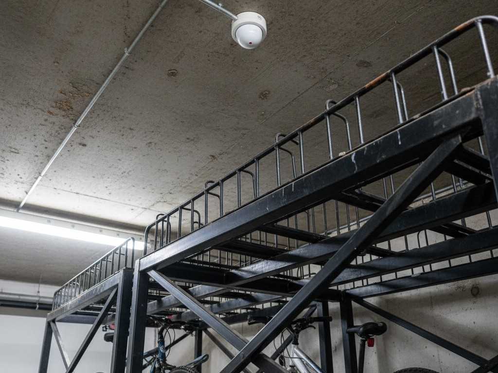 Uma vista em ângulo baixo olhando para o teto de concreto em uma sala de bicicletas, onde um sensor de movimento branco está parcialmente obscurecido pelo nível superior metálico de um suporte duplo para bicicletas.