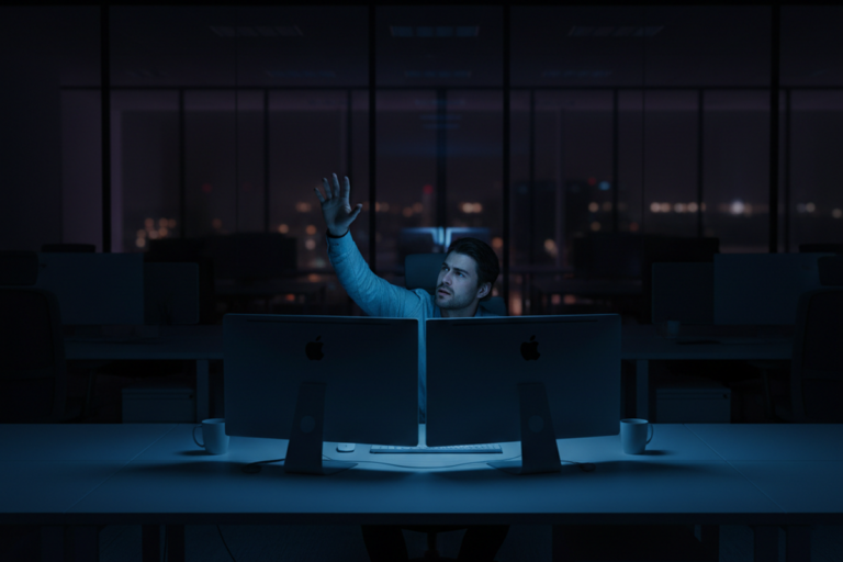 Um homem está sentado em uma mesa em um escritório escurecido, iluminado apenas por dois monitores de computador, levantando uma mão para ativar um sensor de movimento. O fundo mostra o horizonte da cidade à noite através de grandes janelas de vidro.