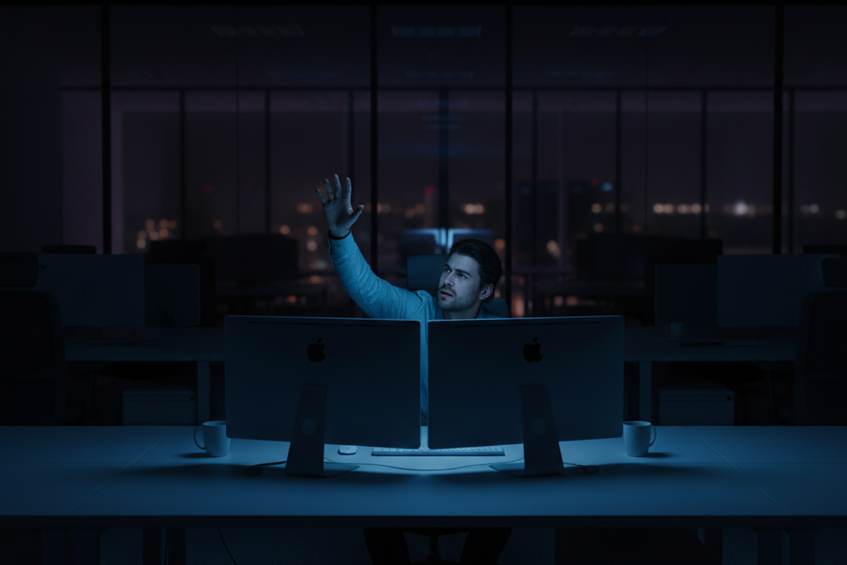 Um homem está sentado em uma mesa em um escritório escurecido, iluminado apenas por dois monitores de computador, levantando uma mão para ativar um sensor de movimento. O fundo mostra o horizonte da cidade à noite através de grandes janelas de vidro.