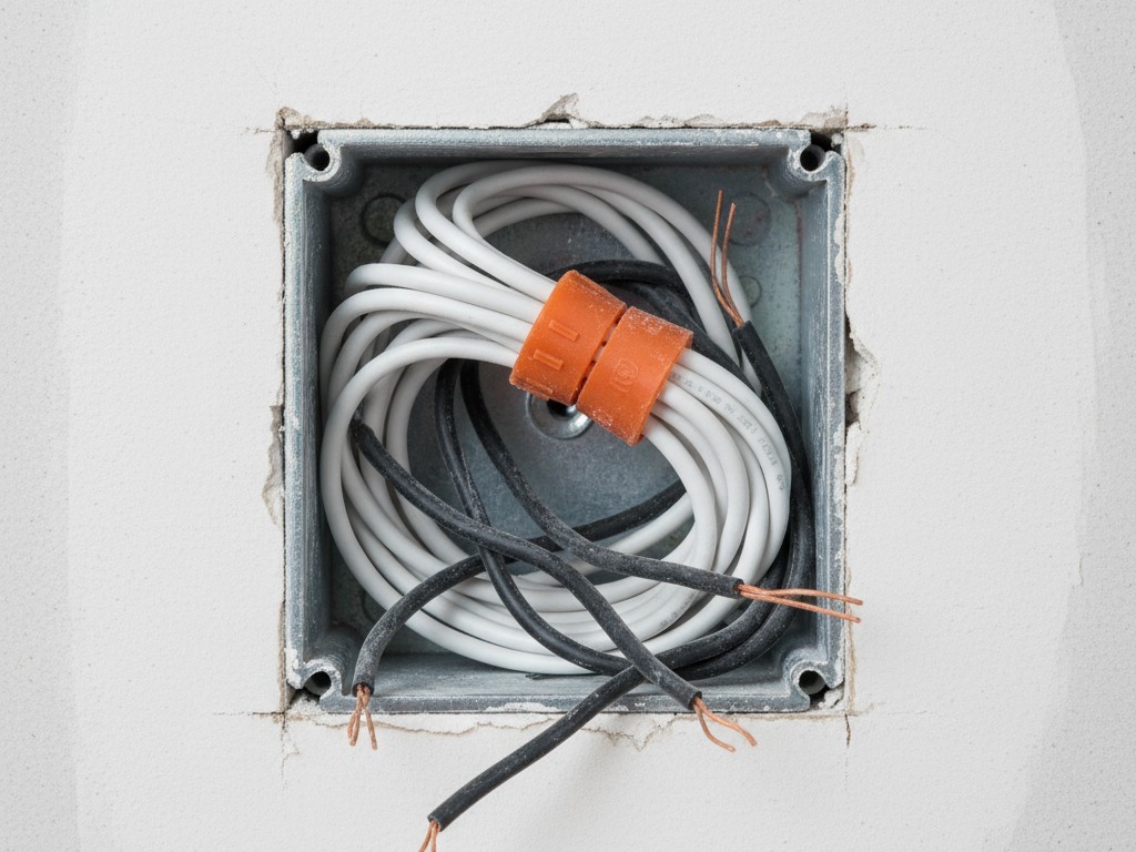 Uma vista aproximada dentro de uma caixa elétrica de parede aberta mostrando um feixe de fios neutros brancos tampados com uma porca de fio.