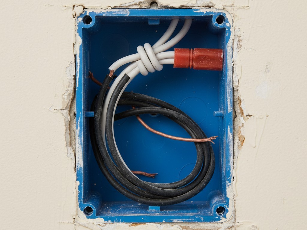 Verificação da fiação da caixa elétrica na parede Uma caixa de interruptor elétrico aberta em um recorte de drywall, mostrando um feixe de fios neutros brancos e fios de aterramento de cobre nu.
