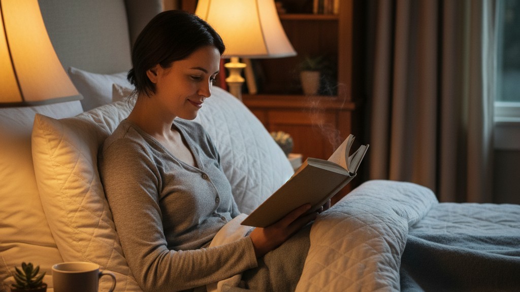 Cena silenciosa de leitura no quarto Uma pessoa sentada na cama lendo um livro sob o brilho de um abajur ao lado da cama.