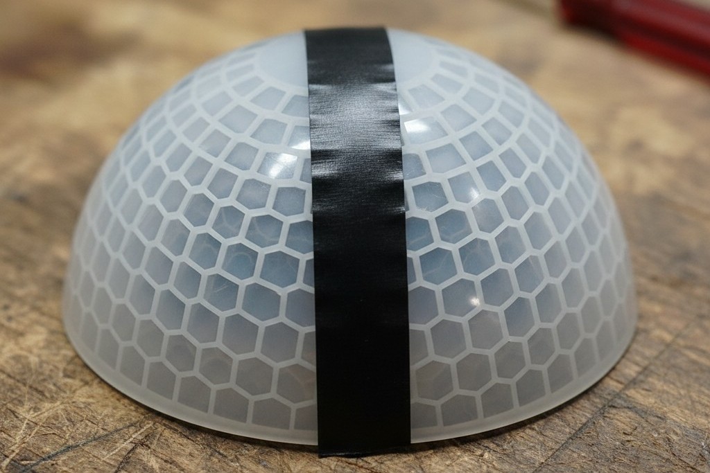 O interior de uma carcaça de sensor de movimento desmontada, mostrando uma faixa de fita isolante preta aplicada na lente translúcida curva.