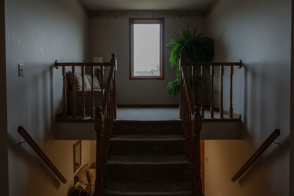 Vista interna de uma entrada em nível dividido mostrando um pequeno patamar com escadas que sobem para o nível principal e descem para o porão.