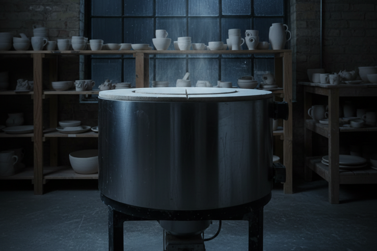 Um grande forno cilíndrico de aço inoxidável está no centro de um espaço de trabalho pouco iluminado com paredes de tijolos expostos. Prateleiras de madeira cheias de vasos cerâmicos não esmaltados alinham o fundo em frente a uma grande janela industrial gradeada.