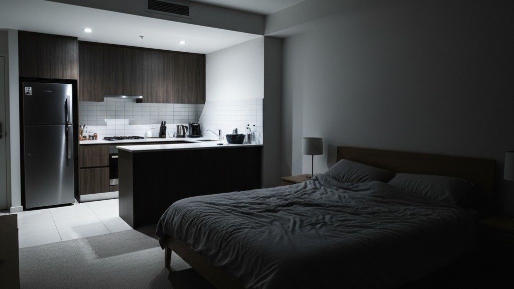 Um apartamento estúdio moderno à noite onde luzes brilhantes e branco-frio da cozinha iluminam duramente a área de dormir adjacente.