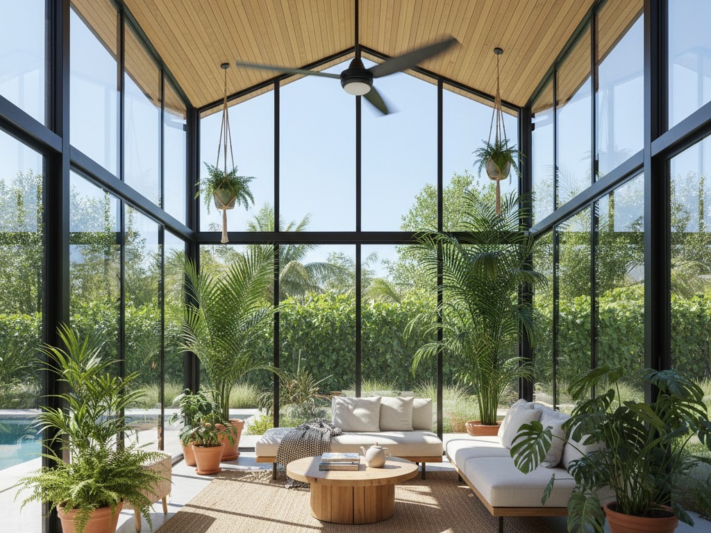 Um interior brilhante de uma sala de sol com paredes de vidro, cheio de luz solar, grandes plantas em vasos e um ventilador de teto em movimento.