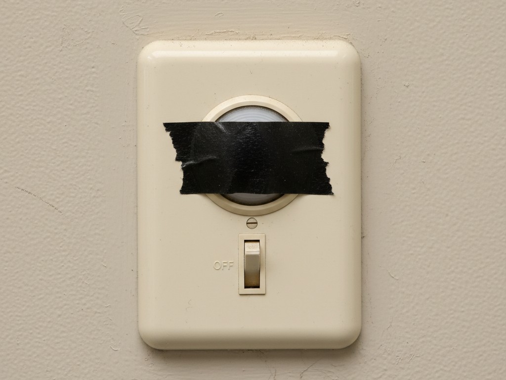 Sensor de movimento coberto com fita adesiva Um interruptor de sensor de movimento branco montado na parede de um escritório com uma faixa de fita isolante preta cobrindo a lente do sensor.