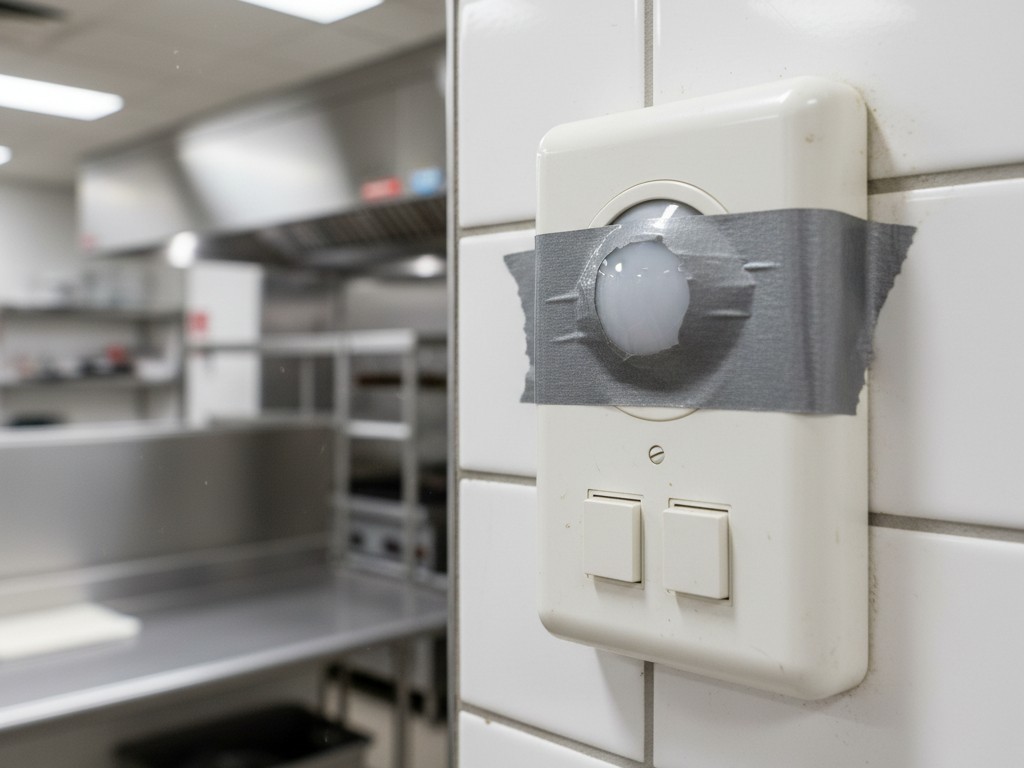 Sensor de movimento de parede sabotado Um close-up de um interruptor de luz retangular comercial em uma parede azulejada, com um pedaço de fita adesiva prateada cobrindo a lente do sensor de movimento.